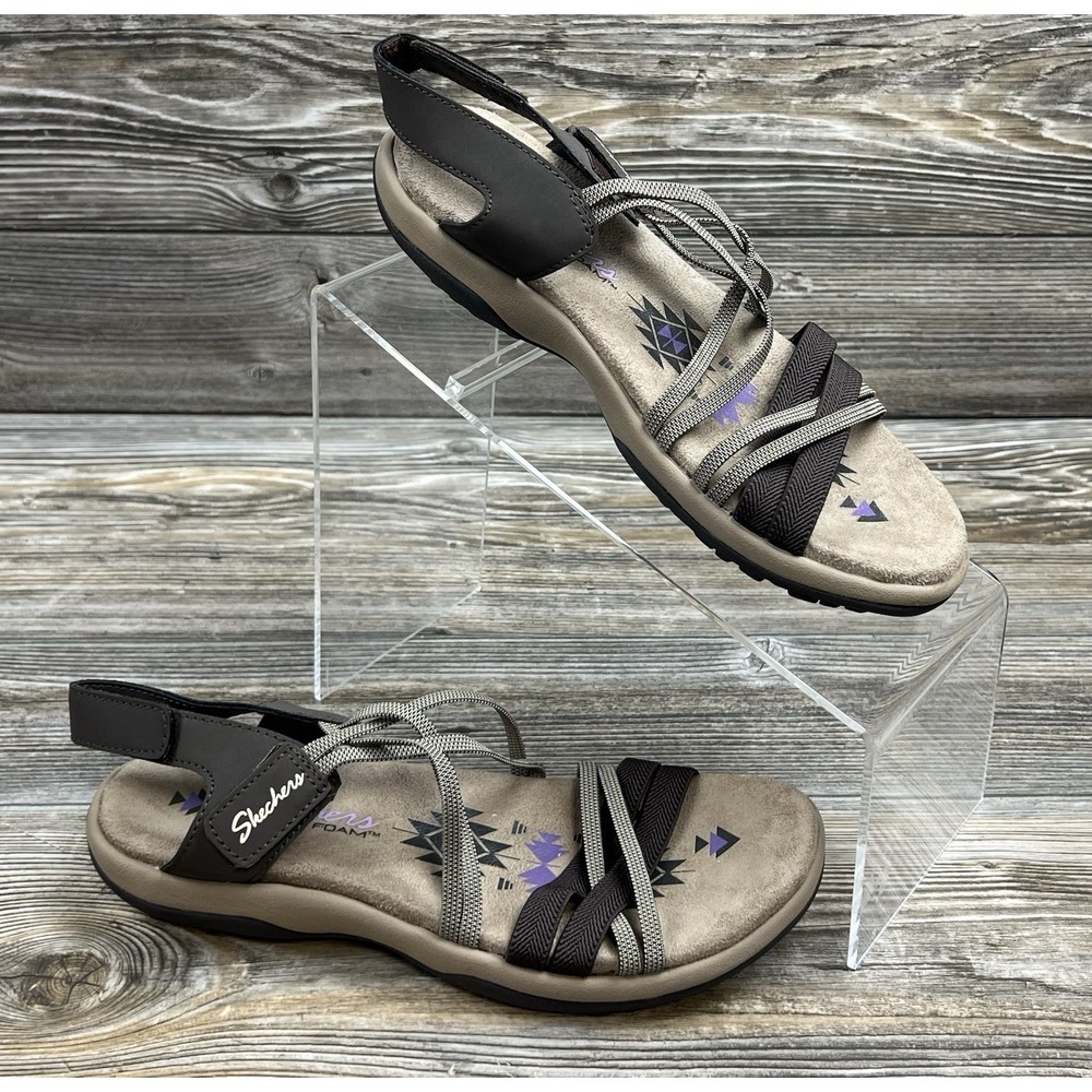 Skechers Reggae‎ Slim Sandal sz 6 Beige Strappy Memory Foam Casual Summer Resort